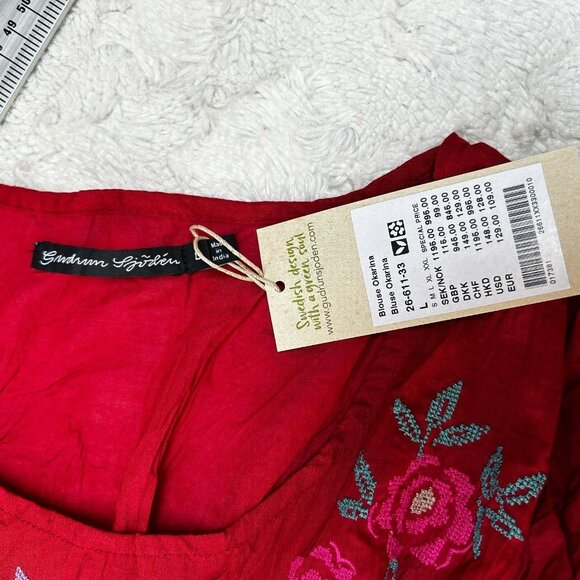 Gudrun Sjöden Women's Okarina Blouse Organic Cotton Embroidered Top Large Red - Picture 3 of 9